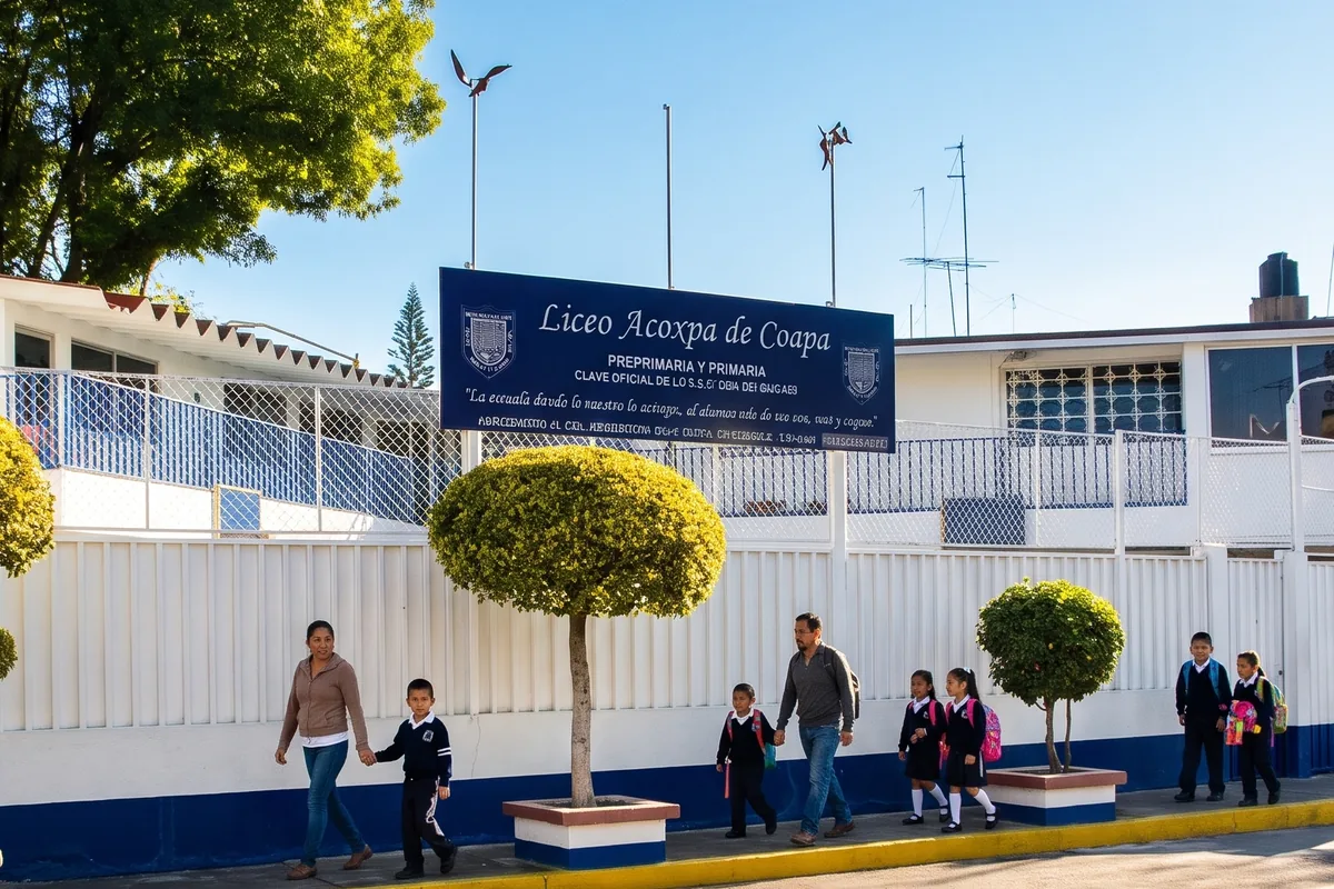Fachada del Liceo Acoxpa con su letrero, alumnos y familias en la entrada